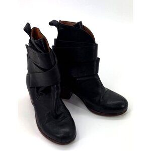 P. Monjo Black Leather Ankle Boots Wrap Strap Artisan Lagenlook Size 6 EU 36